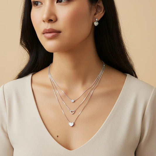 Elegant Silver Layered Heart Pendant Necklace & Heart Drop Earrings Jewelry Set for Women