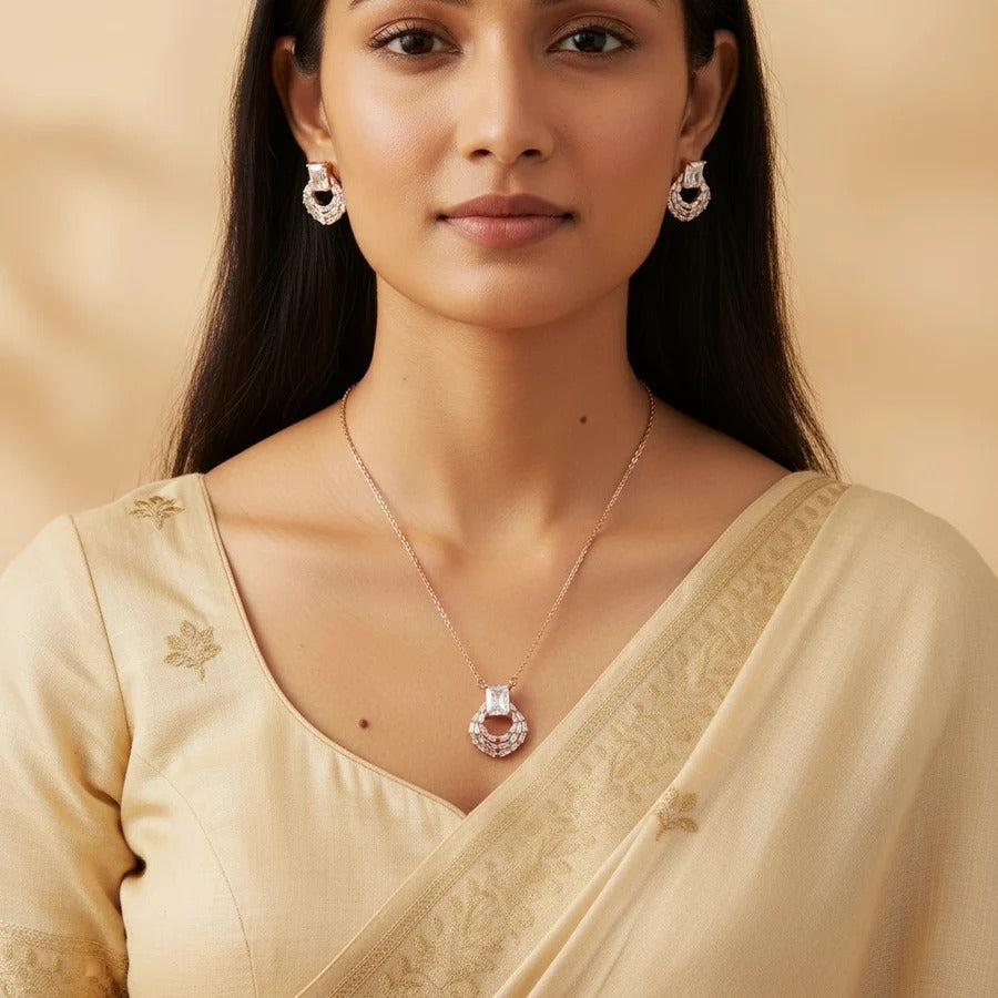 Luxury Rose Gold Crystal Pendant Necklace & Stud Earrings Jewelry Set for Women