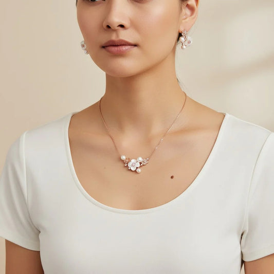 Elegant Rose Gold White Floral Pearl Pendant Necklace & Stud Earrings Jewelry Set for Women