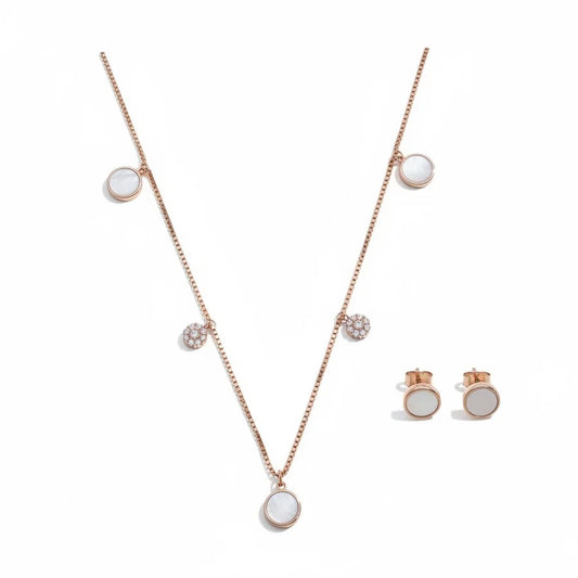 Elegant Rose Gold White Stone Pendant Necklace & Stud Earrings Jewelry Set for Women