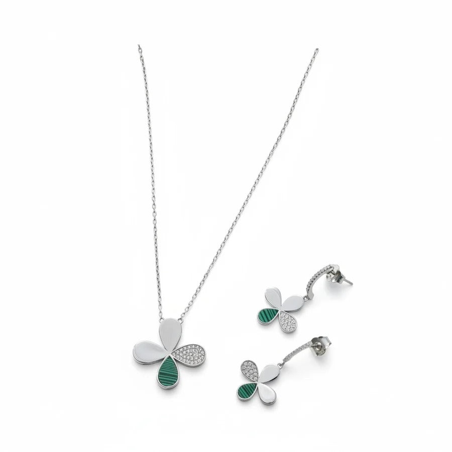 Elegant Four Leaf Clover Silver Pendant Necklace & Earrings Jewelry Set for Women