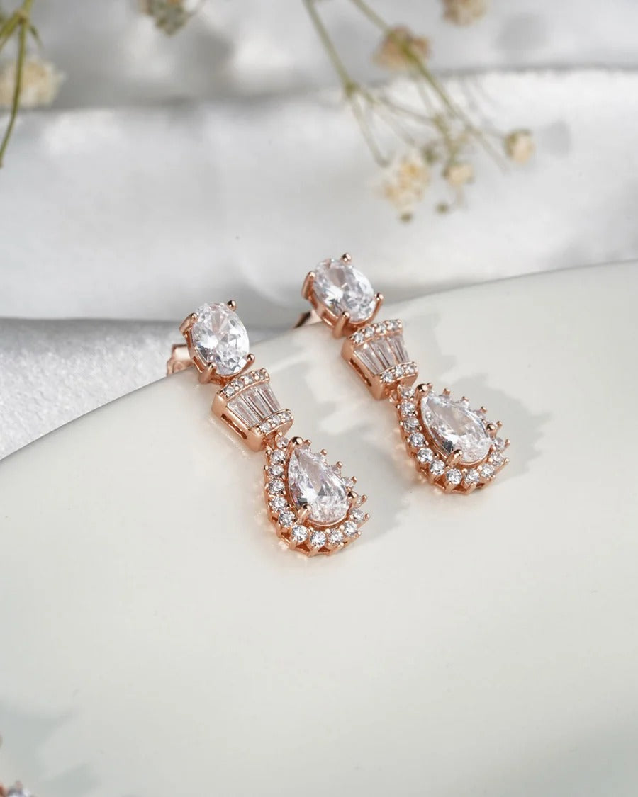 Luxury Rose Gold Crystal Drop Necklace & Dangle Earrings Jewelry Set for Women