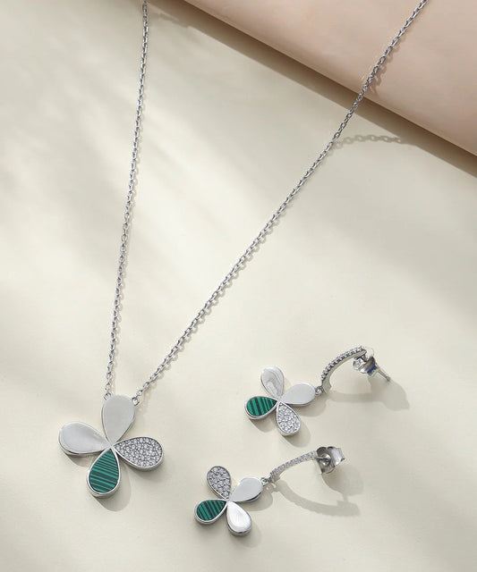 Elegant Four Leaf Clover Silver Pendant Necklace & Earrings Jewelry Set for Women