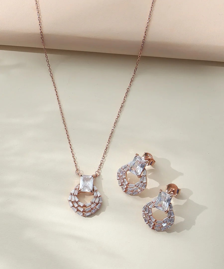 Luxury Rose Gold Crystal Pendant Necklace & Stud Earrings Jewelry Set for Women