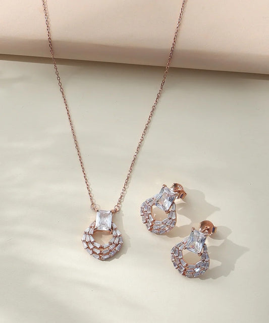 Luxury Rose Gold Crystal Pendant Necklace & Stud Earrings Jewelry Set for Women