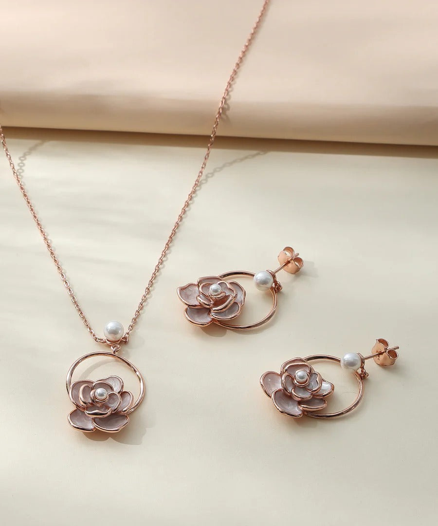 Elegant Rose Gold Floral Pearl Pendant Necklace & Stud Earrings Jewelry Set for Women