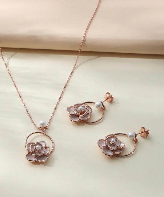 Elegant Rose Gold Floral Pearl Pendant Necklace & Stud Earrings Jewelry Set for Women