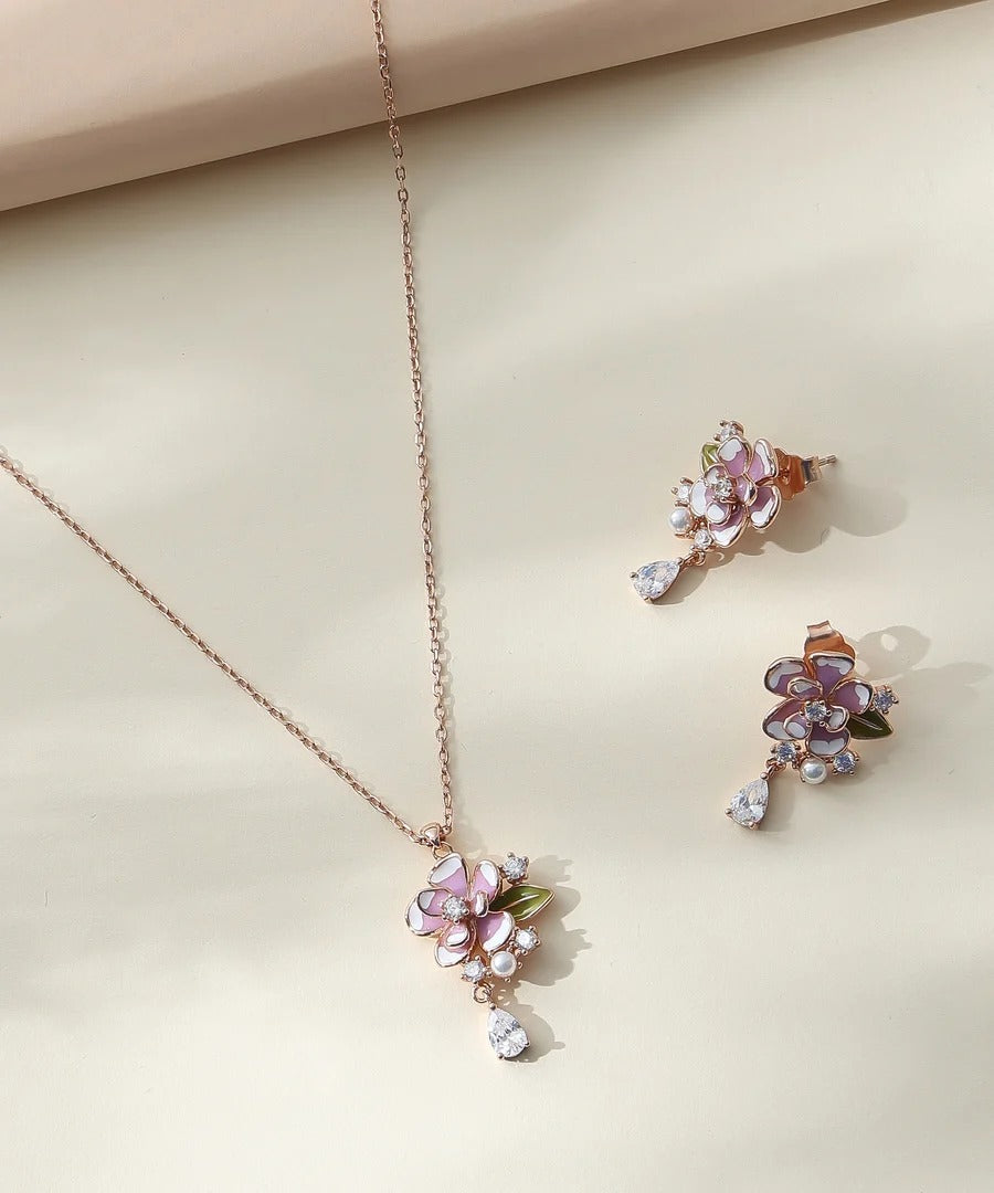 Elegant Rose Gold Pink Floral Pendant Necklace & Stud Earrings Jewelry Set for Women