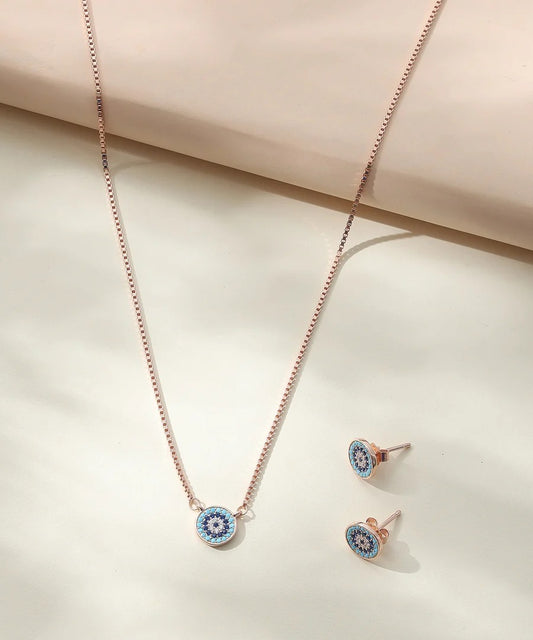 Blue Evil Eye Rose Gold Pendant Necklace & Stud Earrings Jewelry Set for Women