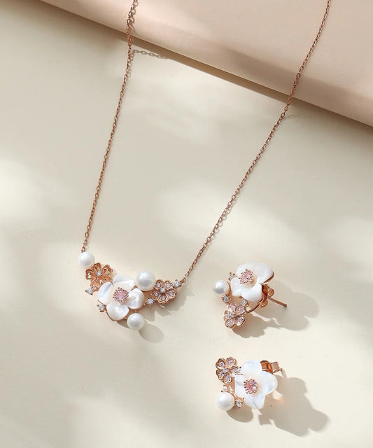 Elegant Rose Gold White Floral Pearl Pendant Necklace & Stud Earrings Jewelry Set for Women