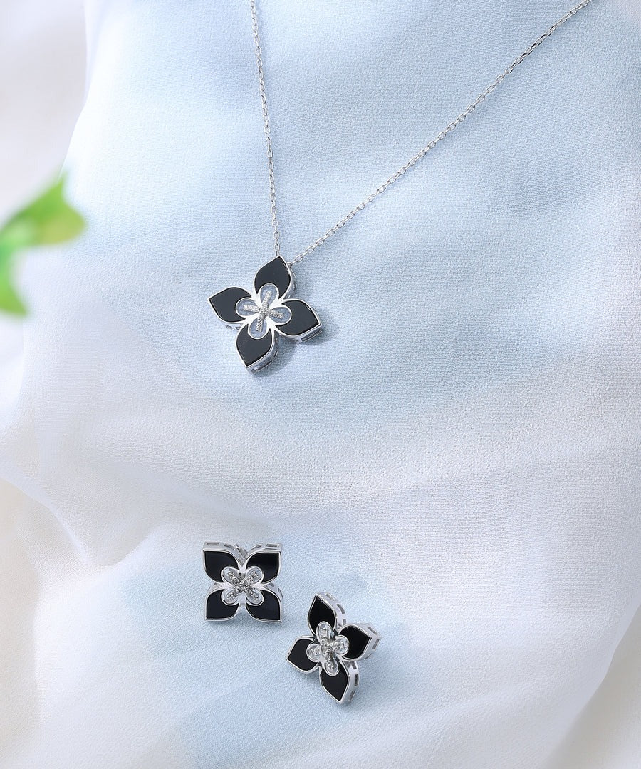 Elegant Black Flower Silver Pendant Necklace & Stud Earrings Jewelry Set for Women
