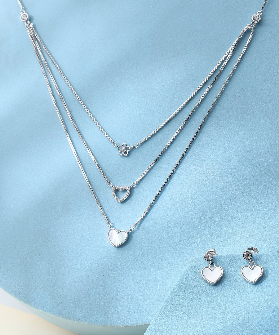 Elegant Silver Layered Heart Pendant Necklace & Heart Drop Earrings Jewelry Set for Women