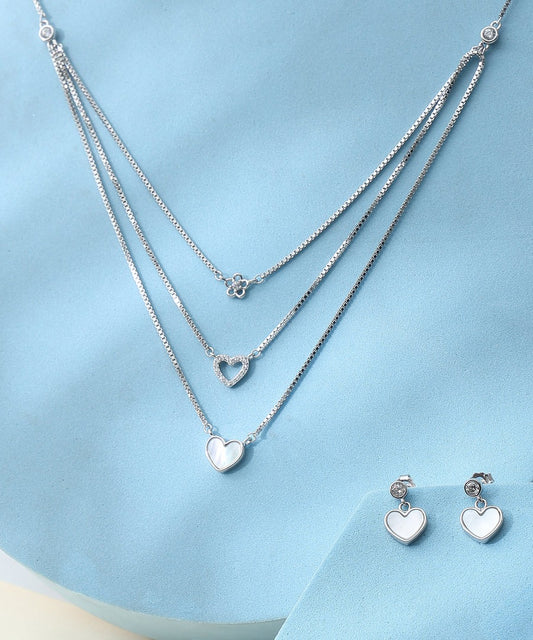 Elegant Silver Layered Heart Pendant Necklace & Heart Drop Earrings Jewelry Set for Women