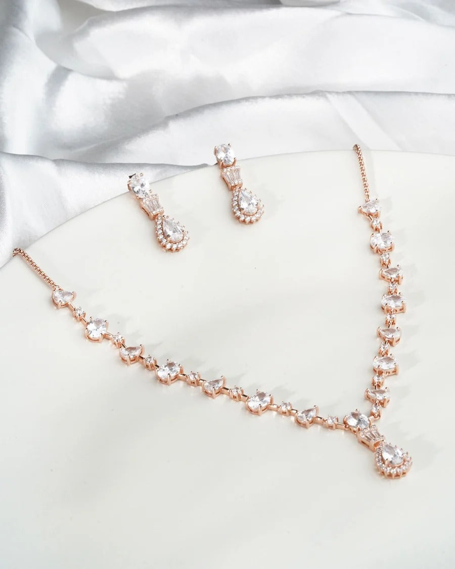Luxury Rose Gold Crystal Drop Necklace & Dangle Earrings Jewelry Set for Women