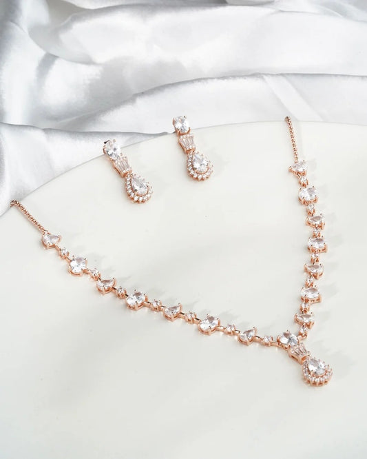 Luxury Rose Gold Crystal Drop Necklace & Dangle Earrings Jewelry Set for Women