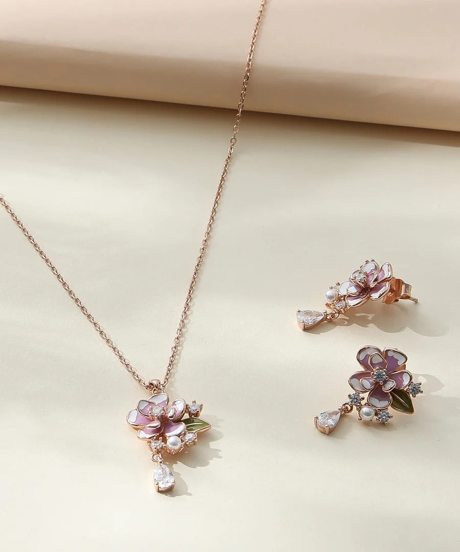 Elegant Rose Gold Pink Floral Pendant Necklace & Stud Earrings Jewelry Set for Women