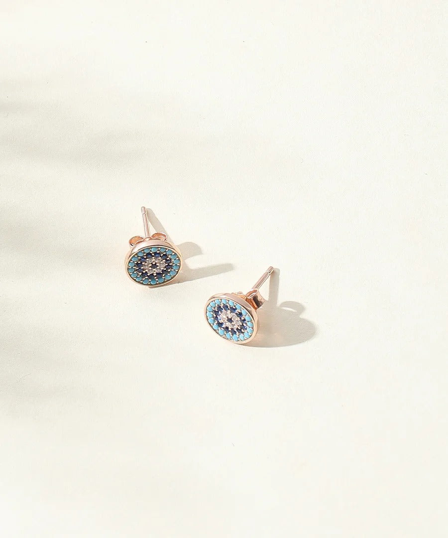 Blue Evil Eye Rose Gold Pendant Necklace & Stud Earrings Jewelry Set for Women