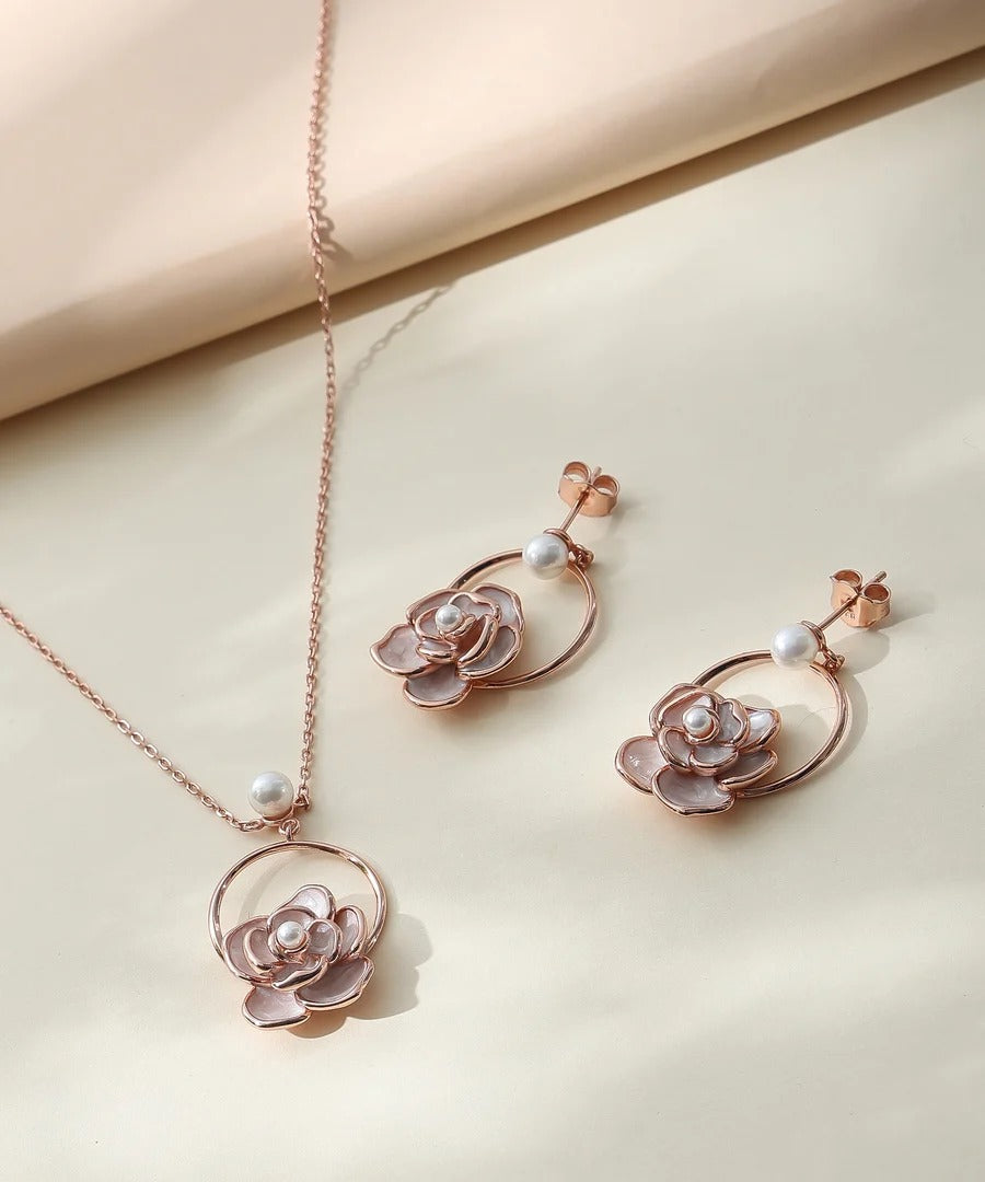 Elegant Rose Gold Floral Pearl Pendant Necklace & Stud Earrings Jewelry Set for Women