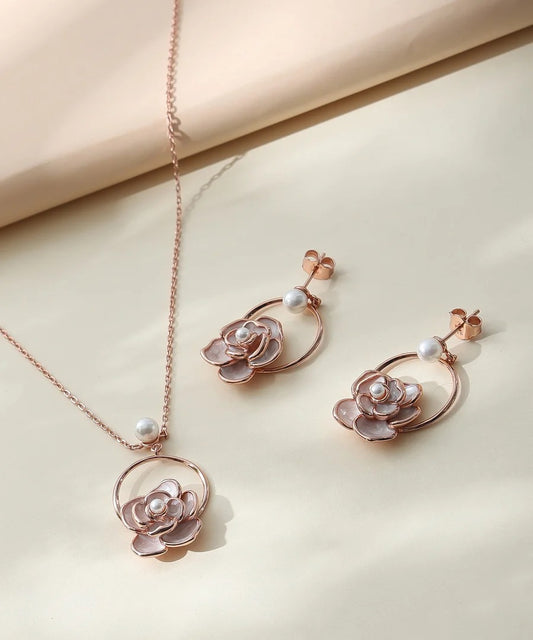 Elegant Rose Gold Floral Pearl Pendant Necklace & Stud Earrings Jewelry Set for Women