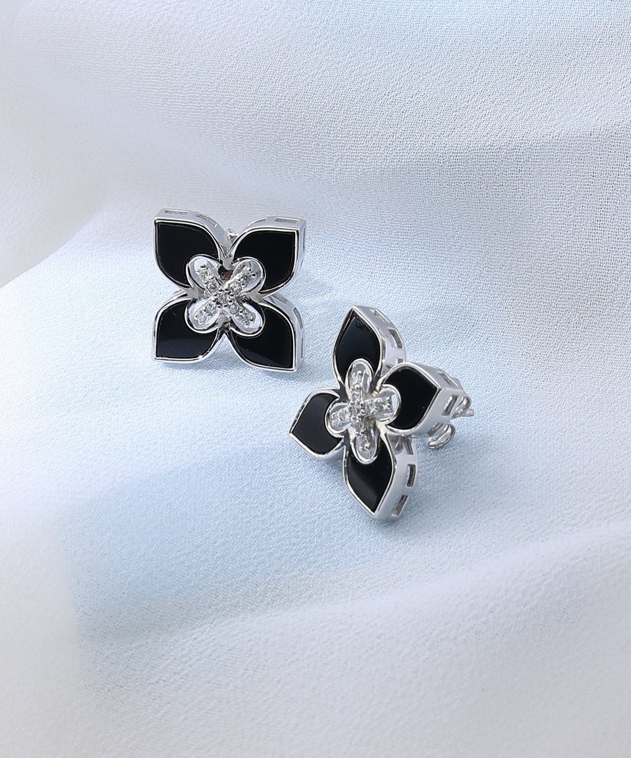 Elegant Black Flower Silver Pendant Necklace & Stud Earrings Jewelry Set for Women