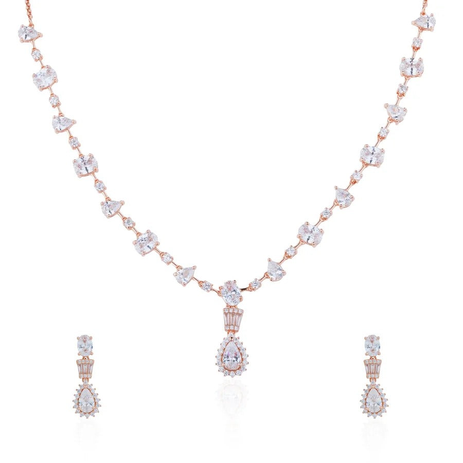 Luxury Rose Gold Crystal Drop Necklace & Dangle Earrings Jewelry Set for Women