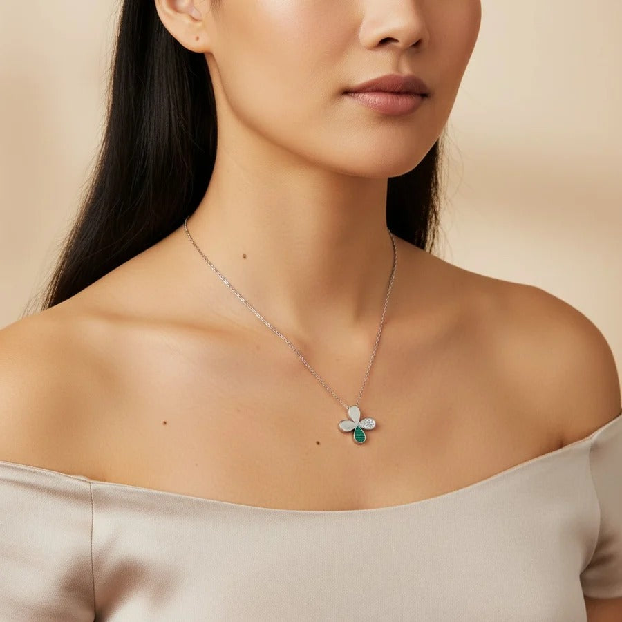 Elegant Four Leaf Clover Silver Pendant Necklace & Earrings Jewelry Set for Women