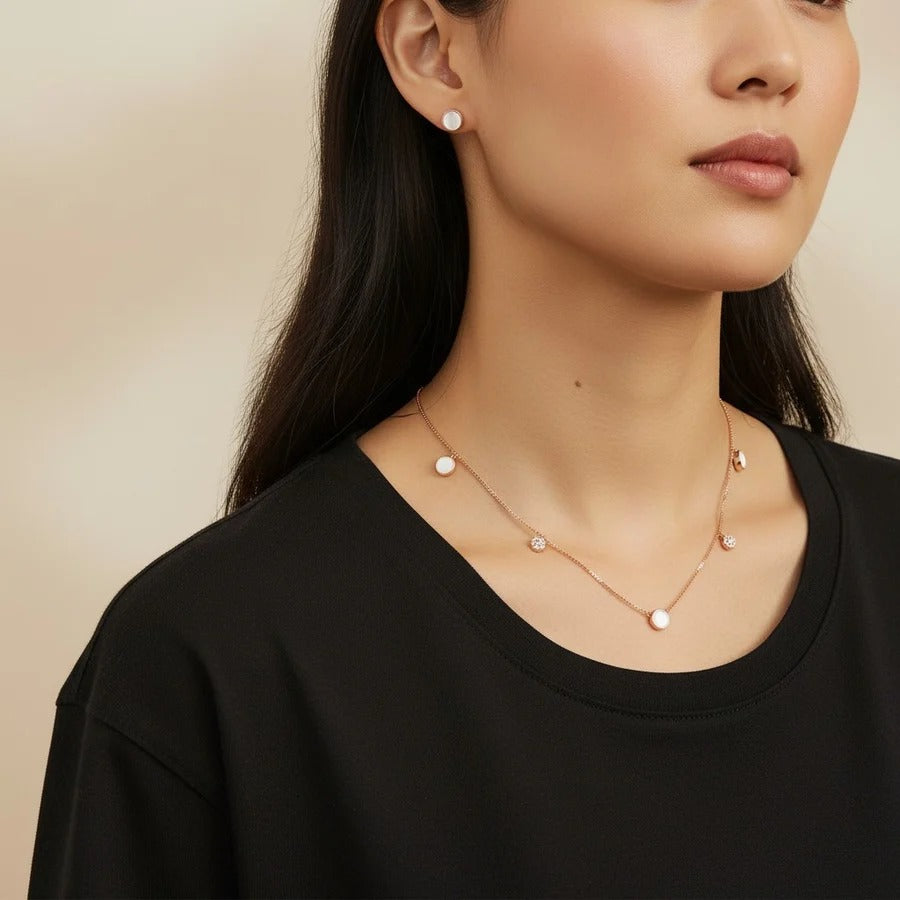 Elegant Rose Gold White Stone Pendant Necklace & Stud Earrings Jewelry Set for Women