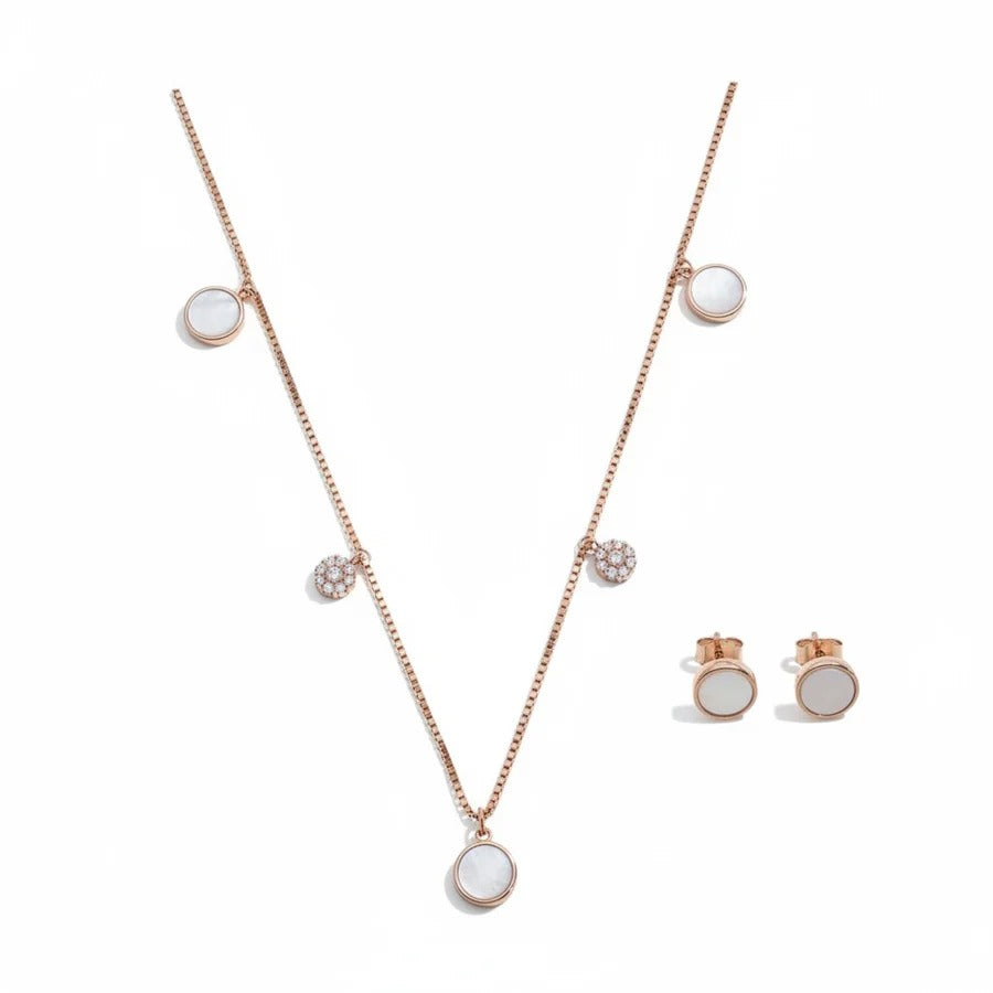 Elegant Rose Gold White Stone Pendant Necklace & Stud Earrings Jewelry Set for Women