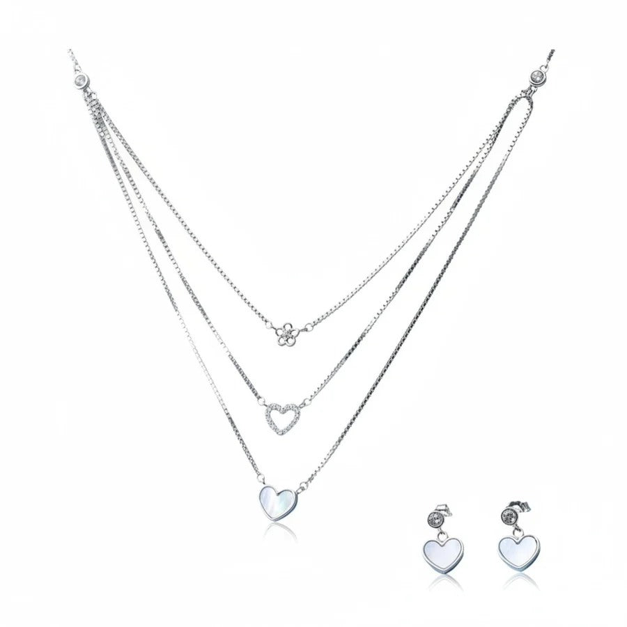 Elegant Silver Layered Heart Pendant Necklace & Heart Drop Earrings Jewelry Set for Women