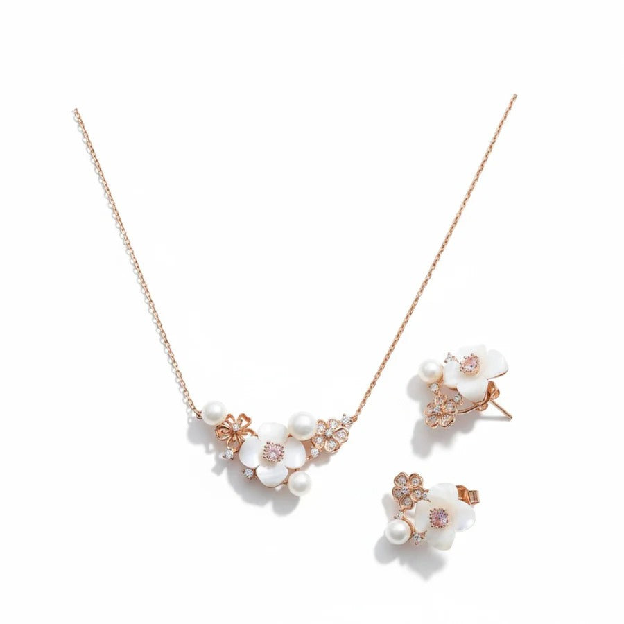Elegant Rose Gold White Floral Pearl Pendant Necklace & Stud Earrings Jewelry Set for Women