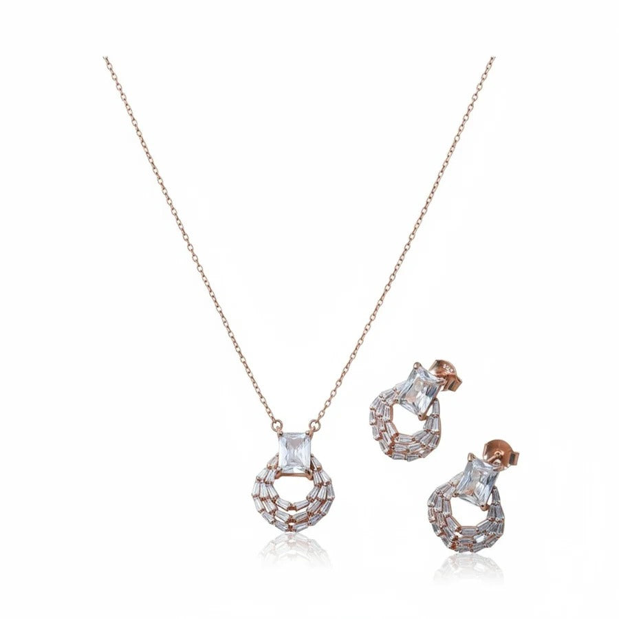 Luxury Rose Gold Crystal Pendant Necklace & Stud Earrings Jewelry Set for Women
