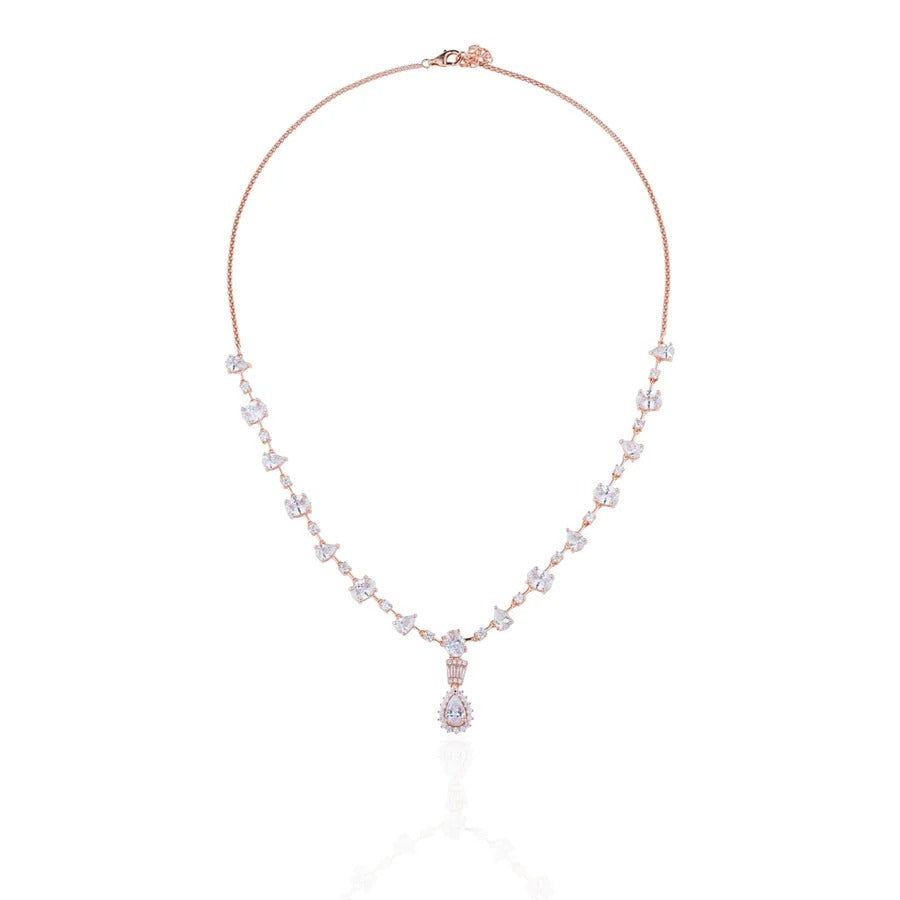 Luxury Rose Gold Crystal Drop Necklace & Dangle Earrings Jewelry Set for Women