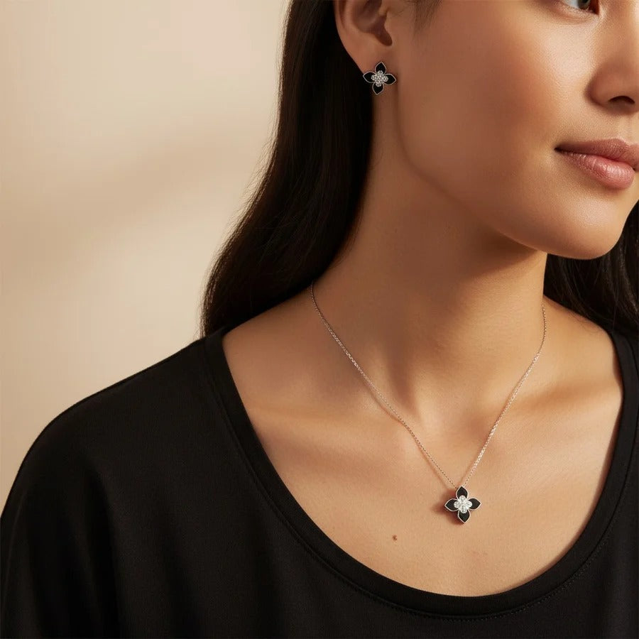 Elegant Black Flower Silver Pendant Necklace & Stud Earrings Jewelry Set for Women
