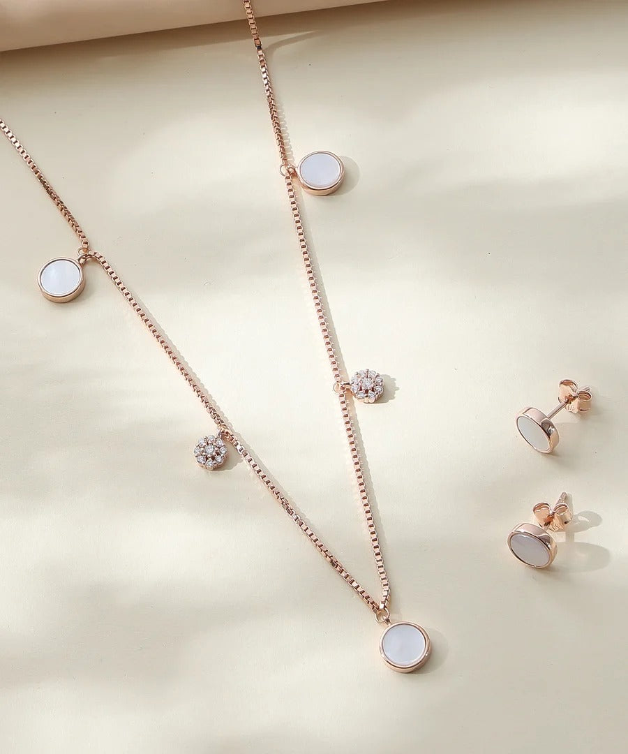 Elegant Rose Gold White Stone Pendant Necklace & Stud Earrings Jewelry Set for Women