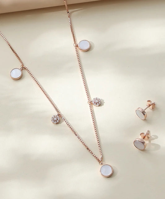 Elegant Rose Gold White Stone Pendant Necklace & Stud Earrings Jewelry Set for Women