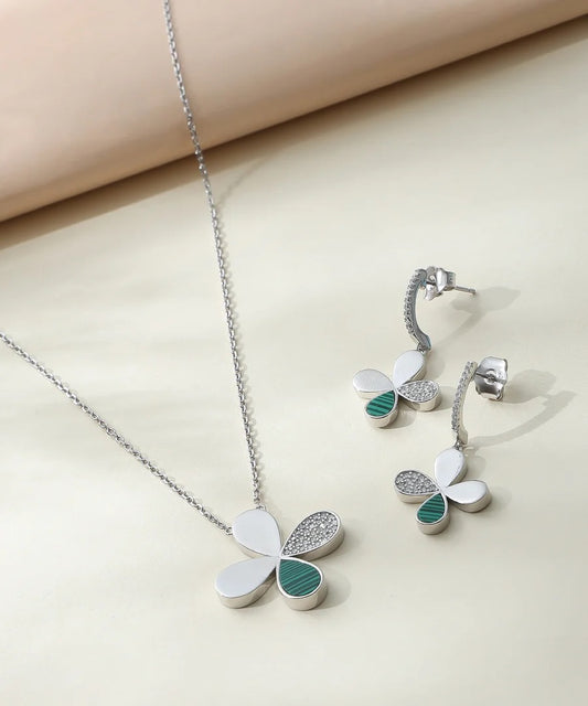 Elegant Four Leaf Clover Silver Pendant Necklace & Earrings Jewelry Set for Women
