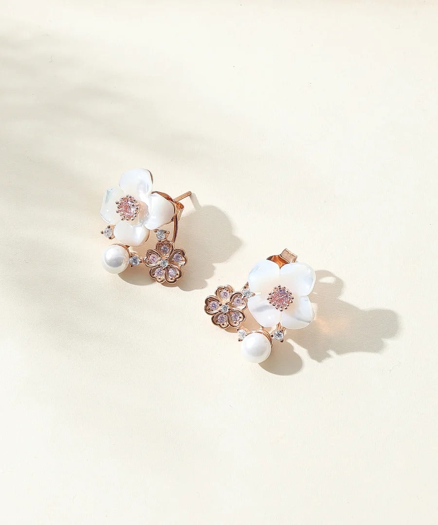 Elegant Rose Gold White Floral Pearl Pendant Necklace & Stud Earrings Jewelry Set for Women
