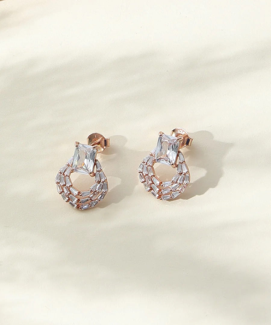 Luxury Rose Gold Crystal Pendant Necklace & Stud Earrings Jewelry Set for Women