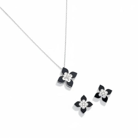 Elegant Black Flower Silver Pendant Necklace & Stud Earrings Jewelry Set for Women